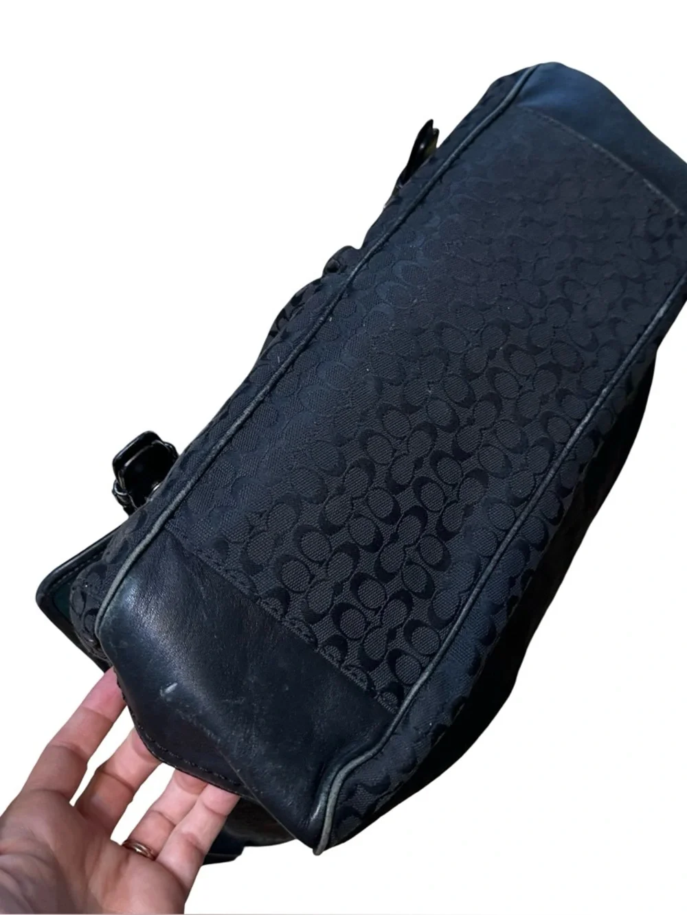 COACH Black Jacquard Messenger Bag Laptop Canvas Leather Trim Saddle Signature
